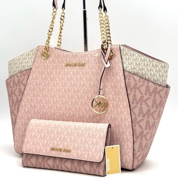 Michael Kors Large Jet Set Travel Shoulder Bag & Trifold Wallet Light Pink Multi - Picture 1 of 13